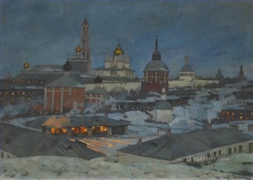 ロシア Painting - 月明かりの下で見るトリニティと聖セルギイ修道院 ロシア語